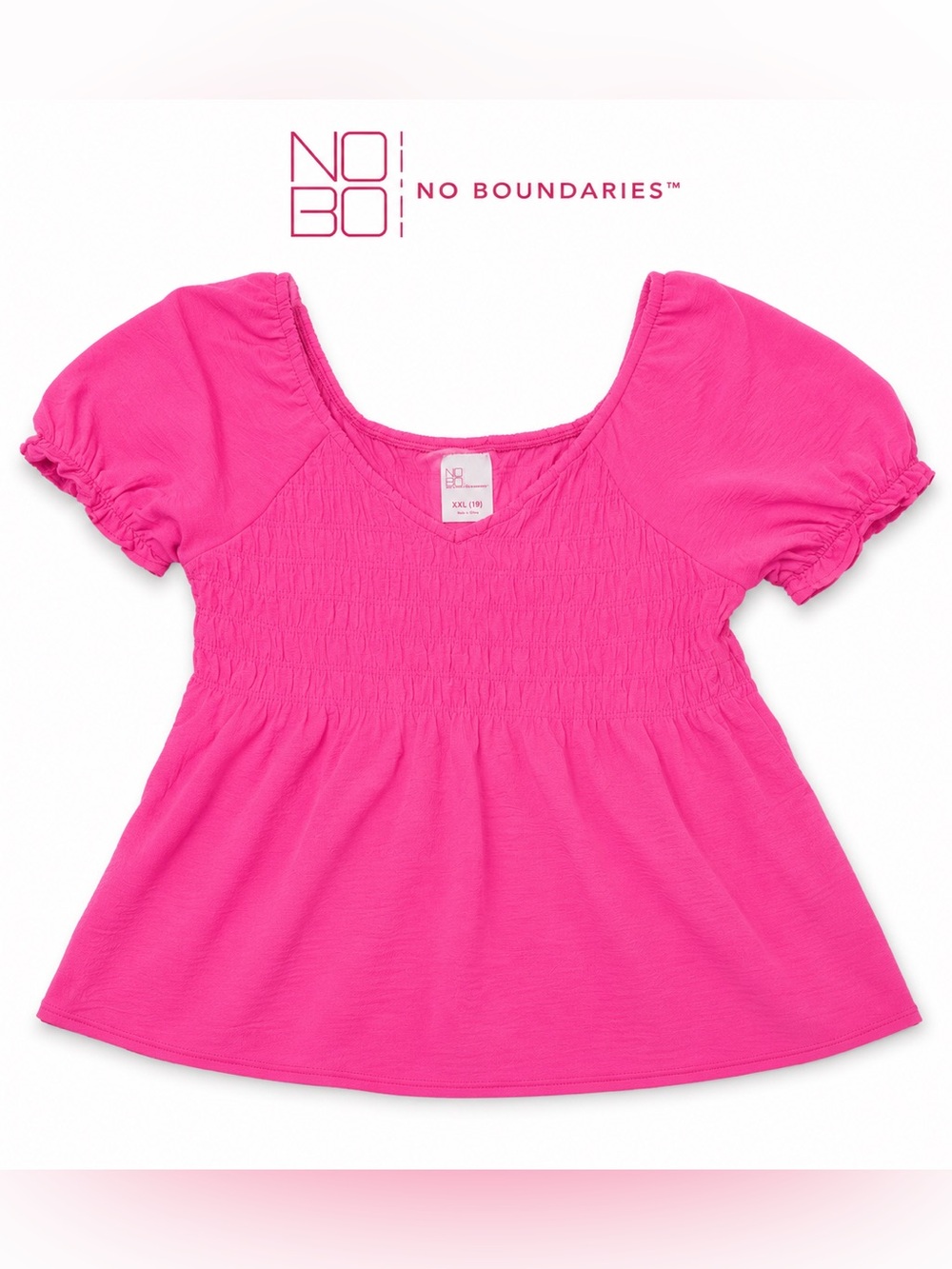 No Boundaries NoBo XXL 19 Neon Pink Smocked Puff Sleeve Babydoll Peplum Top